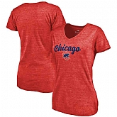 Women's Chicago Cubs Freehand V Neck Slim Fit Tri Blend T-Shirt Red FengYun